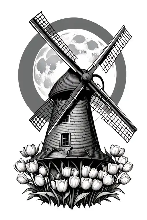 Dutch windmill with harvest moon surrounded with tulips tattoo design idea