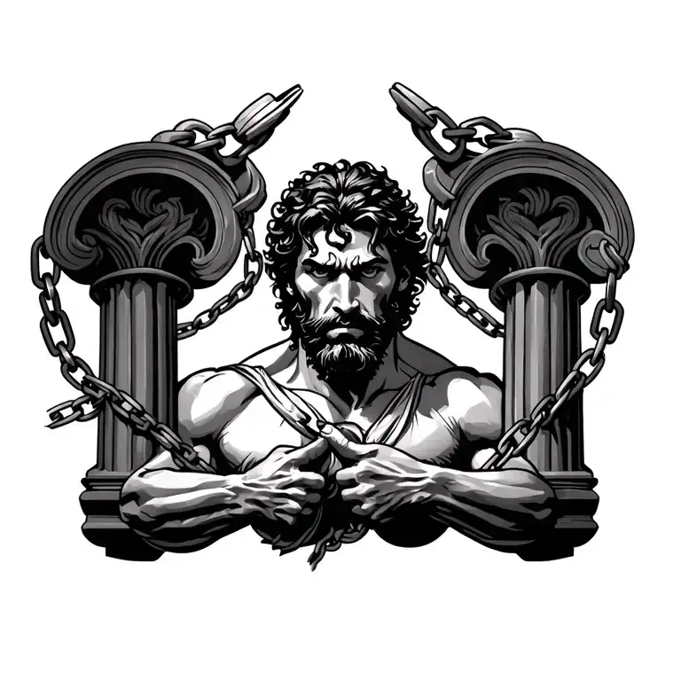 Samson from the Bible with each hand chained to a pillars on opposite sides to him tattoo design idea