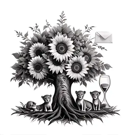 family tree with queen lionesse and three cubs with an hour glass an envelope and sunflowers  tattoo design idea