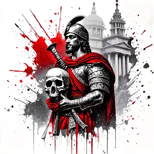 A Roman centurion holding a skull, with a background of ancient Roman architecture tattoo design idea