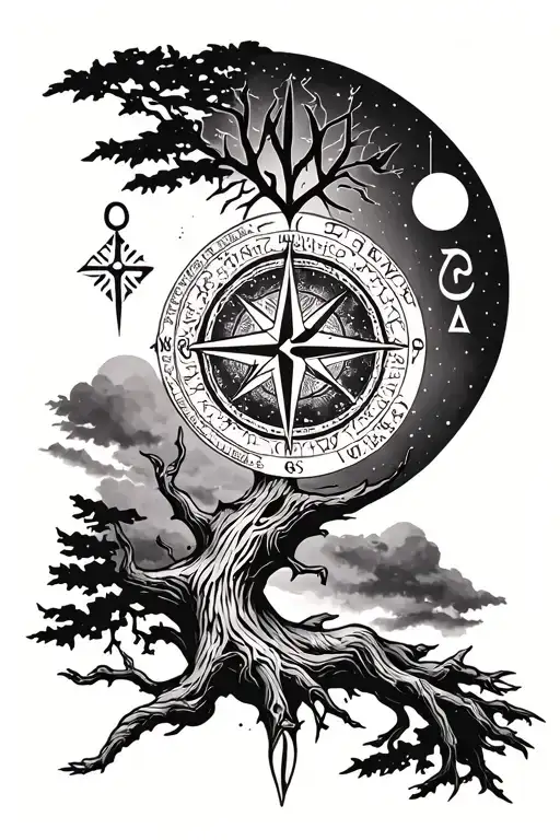 viking tree of life with a july birth moon and runes surrounding it and a nordic compass  tattoo design idea
