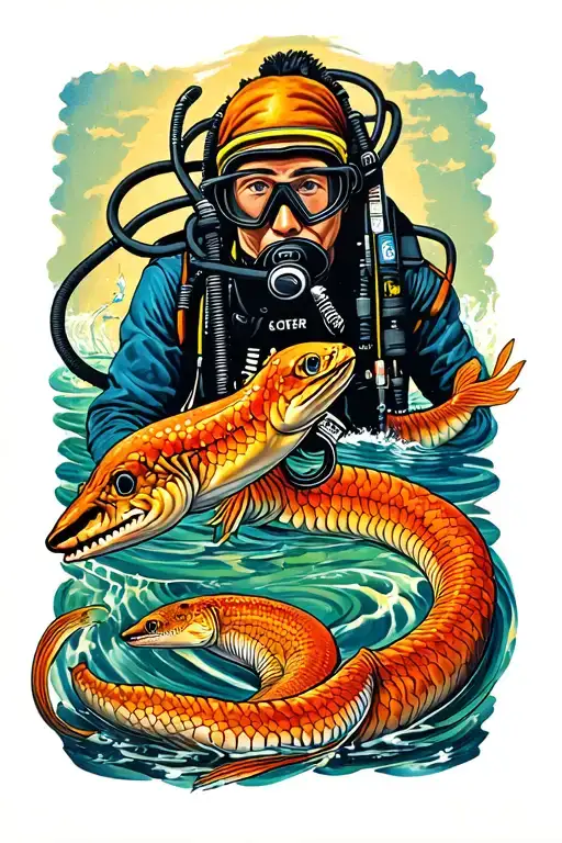 scuba diver with moray eel  tattoo design idea