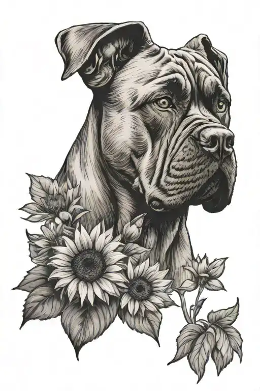 cane Corso + daisy + sunflower tattoo design idea