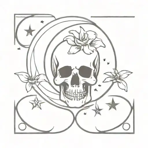 crescent moon, sprider lily, skull and star tattoo design idea