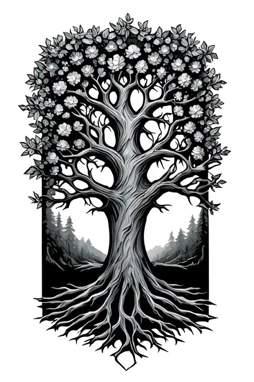 nordic tree of life family posing tattoo design idea
