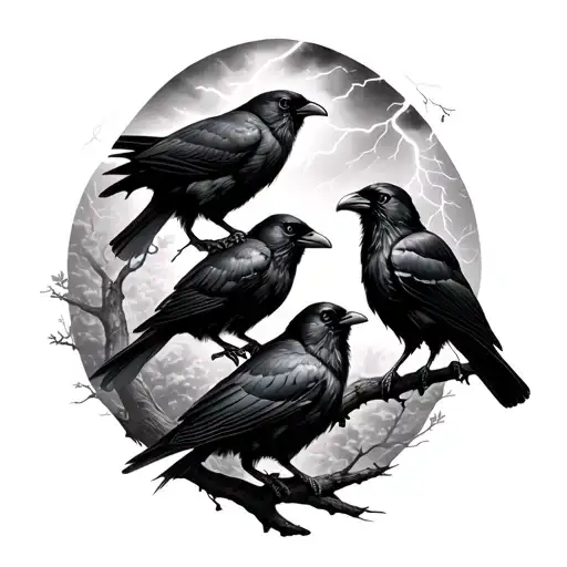 4 crows with trees and cloudy lightning storm  tattoo design idea
