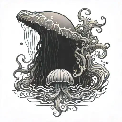 Generate a tattoo design where there is a big jellyfish underwater with a mermaid struggling to escape its tentacles. tattoo design idea