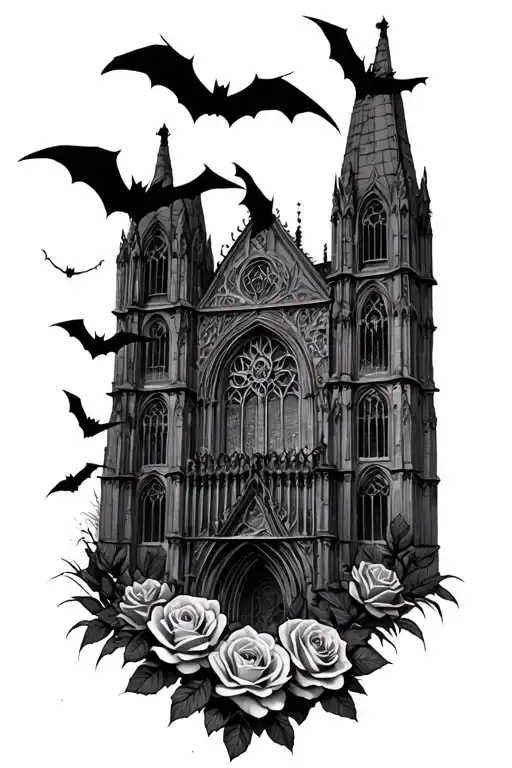gothic cathedral roses bats flying by a haunted tattoo design idea