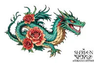 American traditional dragon weaving in and out of roses on shoulder tattoo design idea