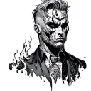 comic book character 2 face with the right side of his body burn damaged. Full body in black white suite tattoo design idea