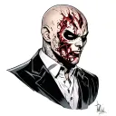 comic book character 2 face with the right side of his body burn damaged. Full body in black white suite tattoo design idea