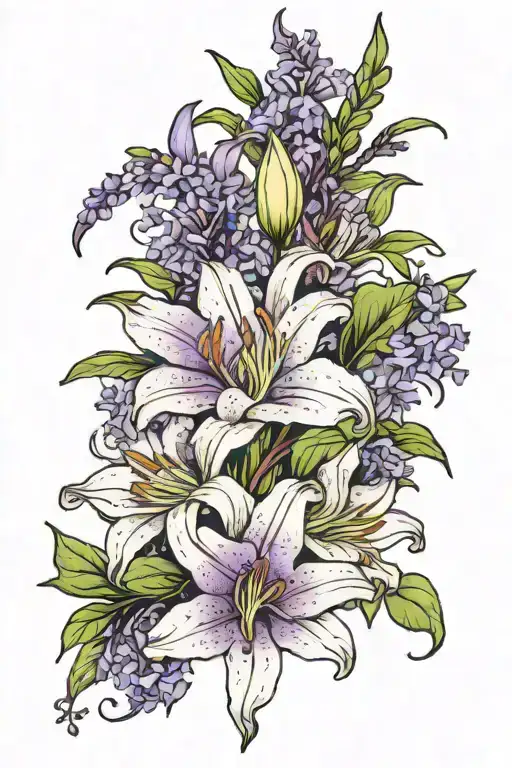 flowers wrapped white lilies and purple lilacs blooming tattoo design idea
