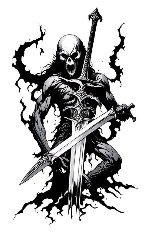 Sword stabbing a dark horrific humanoid shadow tattoo design idea