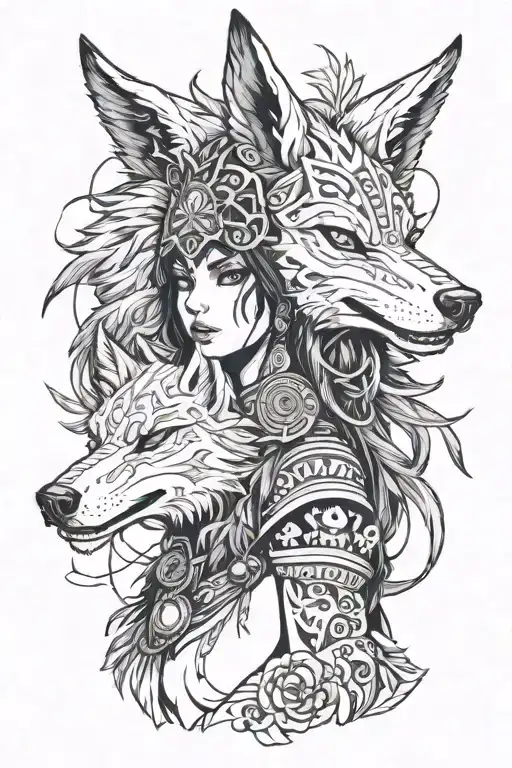 goth, female, princess mononoke, wolf head dress, partial nudity, full body tattoo design idea