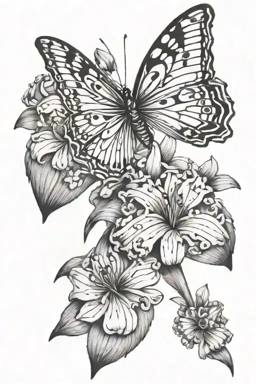 fine line hyacinth flower with small butterfly resting tattoo design idea