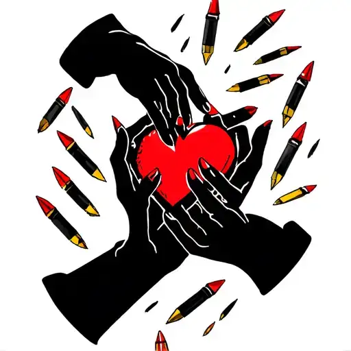 Hands holding a heart intertwined with bullets falling and text that says "I'd end my days with you in a hail of bullets tattoo design idea