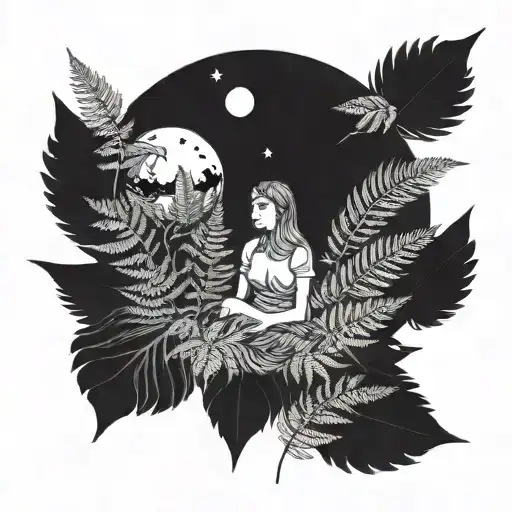 The planet pluto surronded by ferns and silent princesses  tattoo design idea