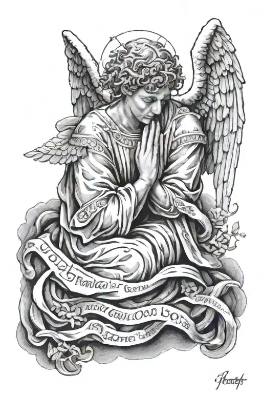angel praying with wording in gods hands tattoo design idea