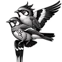 two sparrows flying to each other with a henna design on either the wings or under the face  tattoo design idea