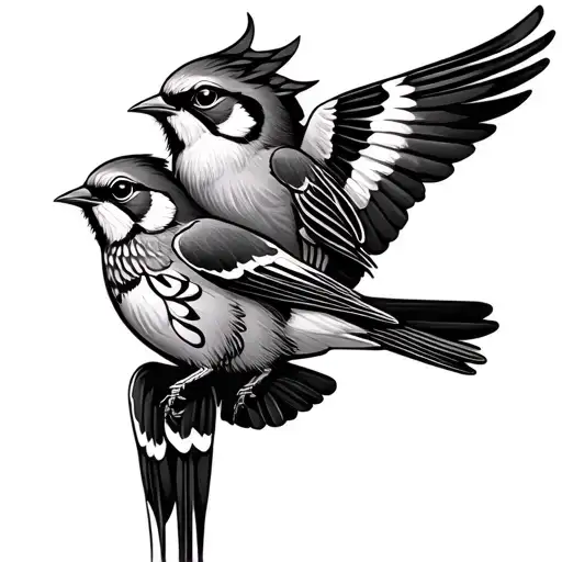 two sparrows flying to each other with a henna design on either the wings or under the face  tattoo design idea