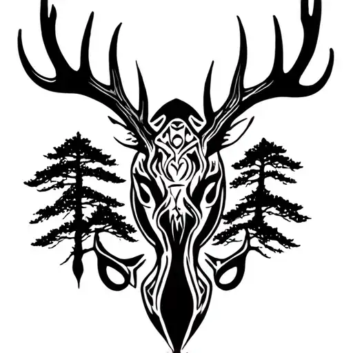 antlers and fish hook with trees tattoo design idea