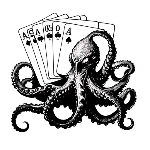 kraken tentacles holding playing cards aces tattoo design idea