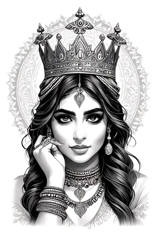 a middle eastern woman wearing a crown, bracelets, a necklace, and a nose ring tattoo design idea