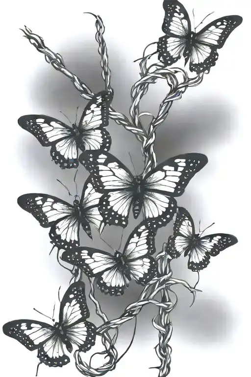 barbed wire with 6 butterflys flying tattoo design idea
