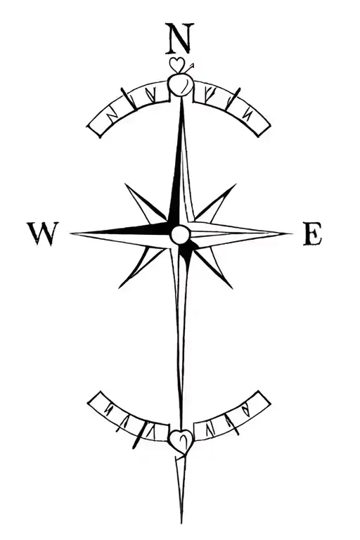 vertical half of a compass whose needle looks like an arrow point north and three hearts along the arrow's shaft tattoo design idea