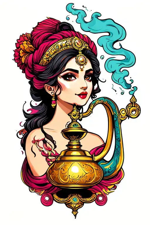 female genie lamp smoke tattoo design idea