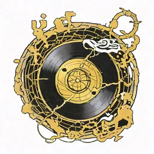 drawing of a vinyl record inspired by the Kintsugi philosophy, with cracks in gold tattoo design idea