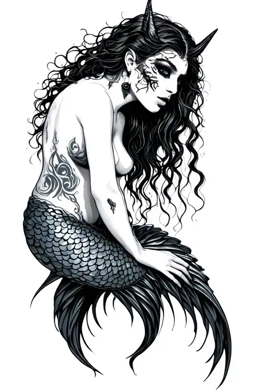 evil mermaid topless goth tattoo design idea