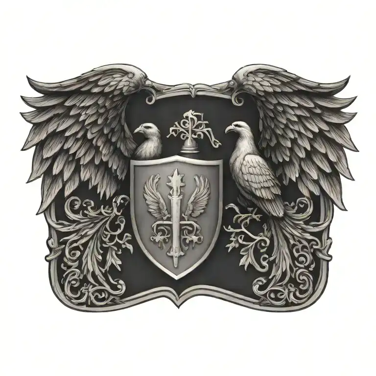 Coat of arms with pair wing of dove and cross in the shield, helm templar tattoo design idea