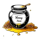 round honey jar outline with spilled honey and honey comb pattern with a name on the jar tattoo design idea