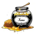 round honey jar outline with spilled honey and honey comb pattern with a name on the jar tattoo design idea