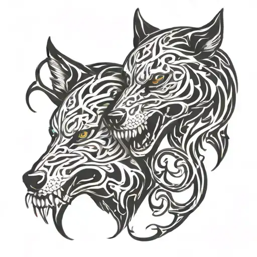 outlines of two black wolves gnawing a human skull entwined with vines tattoo design idea