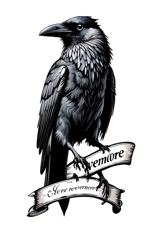 Raven perched and says "Nevermore" in American typewriter font underneath it.  tattoo design idea