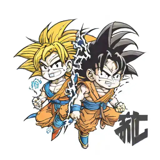 split portrait of kid Goku and MUI Goku tattoo design idea