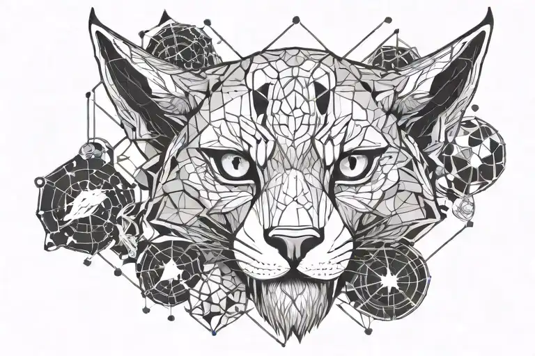 lynx skull surrounded by planets and stars, with hexagons in the background tattoo design idea