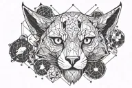 lynx skull surrounded by planets and stars, with hexagons in the background tattoo design idea