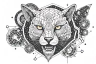 lynx skull surrounded by planets and stars, with hexagons in the background tattoo design idea
