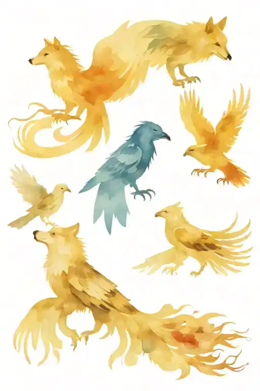 Wolf Phoenix Raven and Griffin depicted A composition tattoo design idea