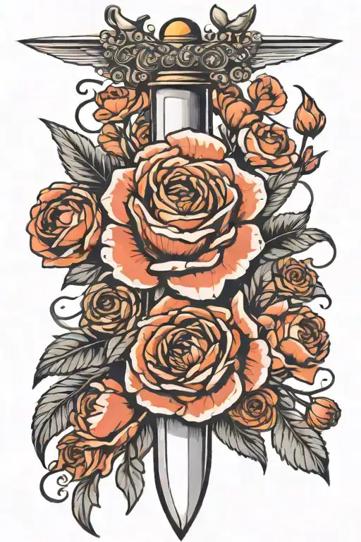 dagger surrounded by ranunculus flowers tattoo design idea