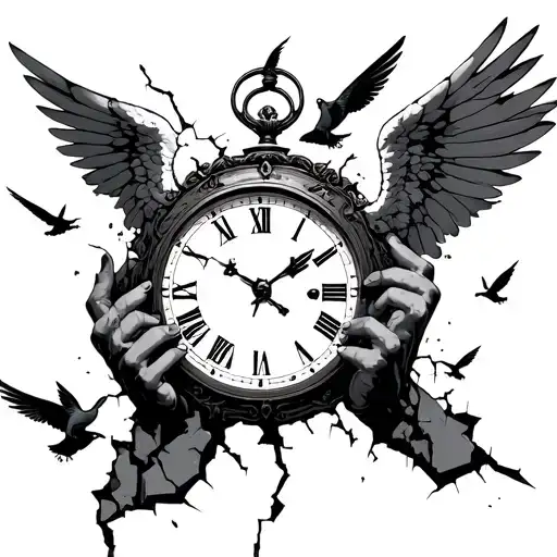 Michael Angel hands surrounded by a clock with cracks and birds coming out of these cracks tattoo design idea
