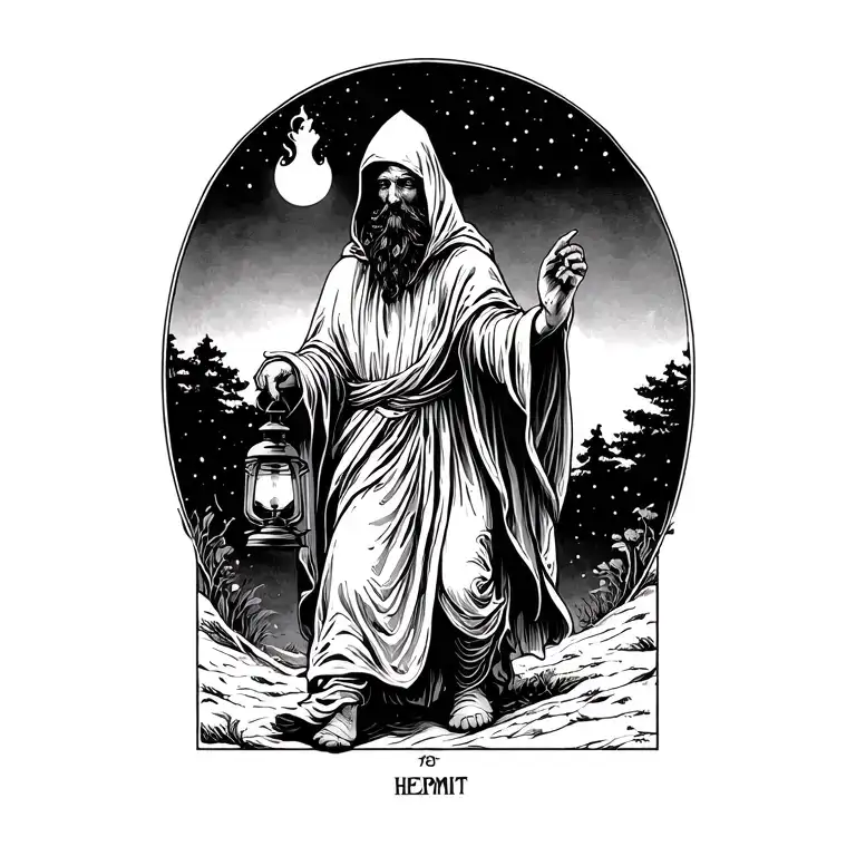 The hermit tarot card walking sideways in darkness holding a lantern thats emitting light. Hood over face with night sky tattoo design idea