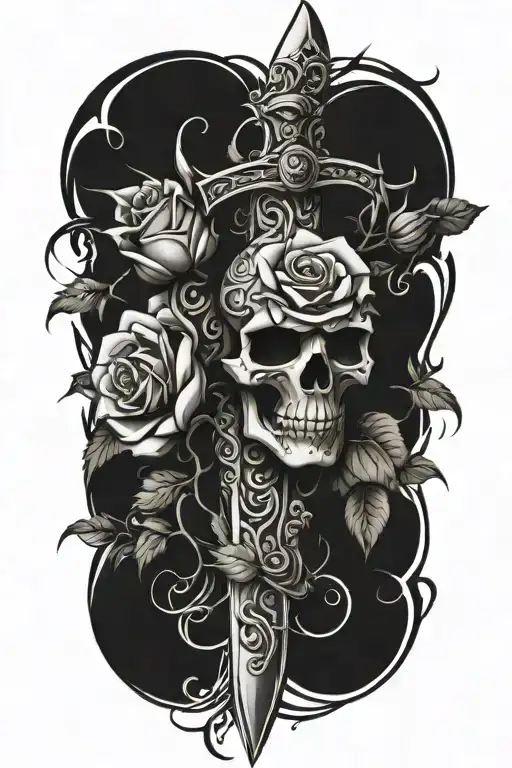 tribal dagger covered with vines and roses and wrapped loosely tattoo design idea