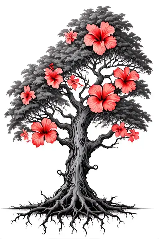psychedelic gnarly tree with faded light red hibiscus flowers and roots tattoo design idea
