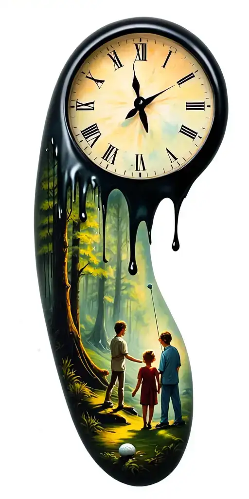 salvador dali melting clock and forest scene and family and golf tattoo design idea