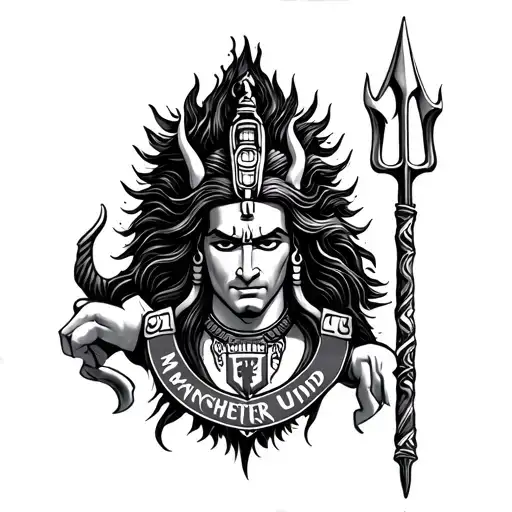 Manchester United devil with lord shiva trident and Hindi writing for forearm tattoo design idea