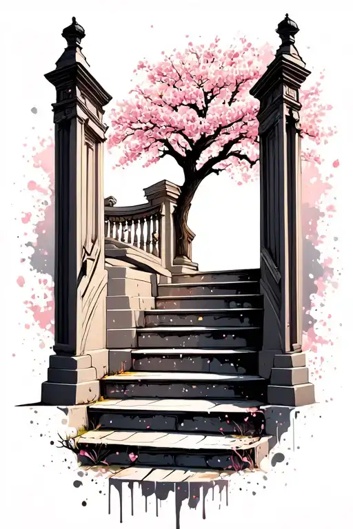 Heaven gates open with stairs using white ink splatter cherry blossom tattoo design idea